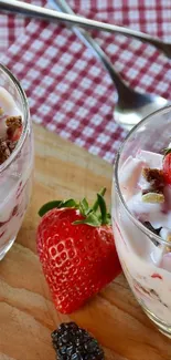 Berry parfait with strawberries and blackberries in glasses.