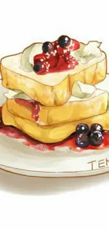 Artistic image of berry-topped toast on a plate.