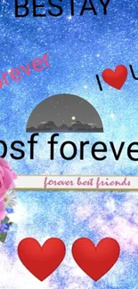 Best friends forever wallpaper with a cosmic blue background, quotes, and hearts.