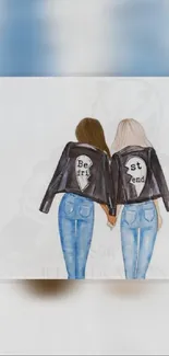 Illustration of best friends holding hands wearing matching jackets.