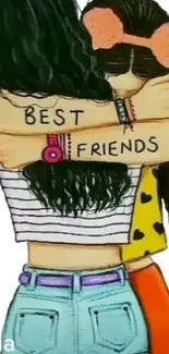 Illustrated best friends hugging, vibrant colors emphasizing friendship.