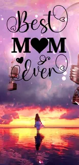 Best Mom Ever wallpaper with pink sunset and light bulbs.