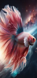 Betta fish swimming in cosmic galaxy background wallpaper.