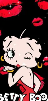 Betty Boop winking with red lips on black background.