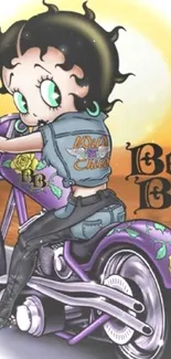 Betty Boop rides motorcycle with sunset backdrop.