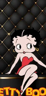 Betty Boop on quilted black background with red dress.