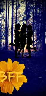 Silhouette of friends in a forest with yellow flower and BFF text.