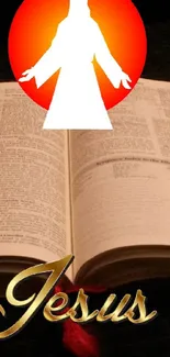 Open Bible with Jesus icon glowing in mobile wallpaper design.