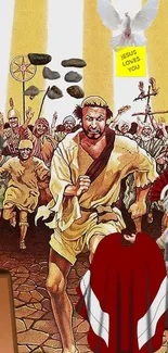 Illustrated biblical escape with Roman soldiers and a spiritual message.