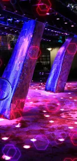 Cyclist under neon-lit bridge at night.