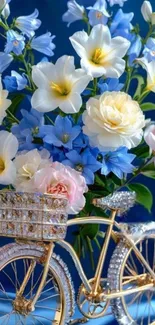 Golden bicycle with colorful flowers bouquet.