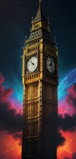 Big Ben wallpaper with cosmic backdrop and vibrant colors.