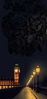 Night view of Big Ben with glowing street lamps and floral design.