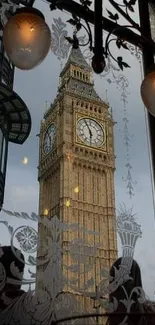 Big Ben viewed through a decorative window in urban London.