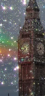 Glittering Big Ben under a colorful, starry night sky.