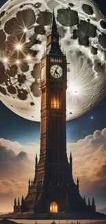 Big Ben illuminated by a large full moon in a cloudy night sky wallpaper.