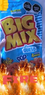 Big Mix snack package with a fiery theme.