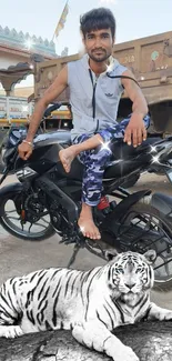 Man on bike with white tiger in urban backdrop.