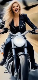 Biker woman joyfully riding a motorcycle on an open road.