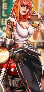 Anime biker girl with tattoos amidst urban signs.