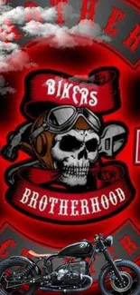 Biker skull with vintage motorcycle and red backdrop.