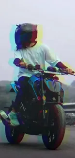 Biker in helmet on colorful, vibrant road.