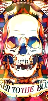 Winged skull biker wallpaper with a vibrant red and orange design.