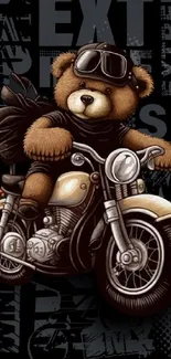 Whimsical teddy bear riding a motorcycle in stylish illustration.