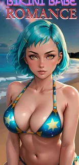 Anime beach wallpaper with blue-haired girl in a starry bikini under a night sky.