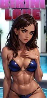 Anime girl in bikini by the pool at night.