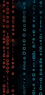 Neon binary code wallpaper with red and blue digits.