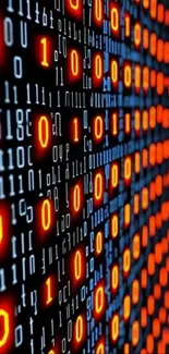 Vibrant binary code matrix in red and blue hues.