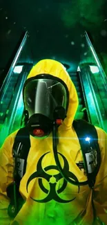 Person in yellow biohazard suit with green-lit background.