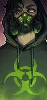 Illustration of a character in a hoodie with a biohazard logo and green mask.