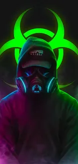 Mysterious figure with gas mask in neon green biohazard background.