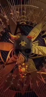 Biohazard skull design with intricate details and gold tones.