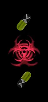 Biohazard symbol with red glow and tablets on black background.