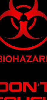 Biohazard warning sign in red on a black background.