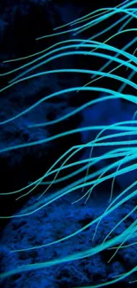 Blue bioluminescent abstract mobile wallpaper with glowing lines.