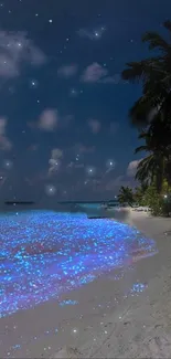 Bioluminescent beach glowing at night with starry sky and palm trees.