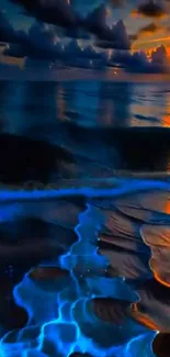 Bioluminescent waves under a vibrant sunset on a scenic beach.