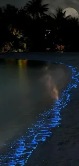 Bioluminescent waves glowing at night along a tranquil beach under a full moon.