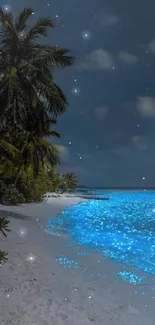 Bioluminescent waves illuminating a serene beach night scene with palms.