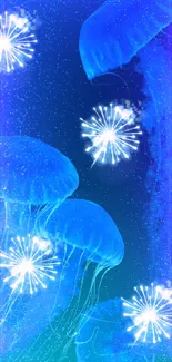 Bioluminescent jellyfish glowing in blue light.