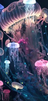 Colorful bioluminescent jellyfish in dark ocean.