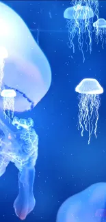 Bioluminescent jellyfish floating in a blue ocean scene.