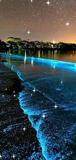 Bioluminescent waves under a starry sky on a tranquil beach.