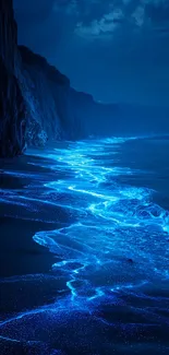 Bioluminescent ocean waves under a dark night sky.