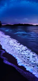 Bioluminescent waves gently illuminate a dark ocean shore under a night sky.
