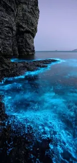 Bioluminescent waves illuminate a rocky coastal night scene.